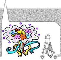Cartoon: Hochzeitseinzug / Kirche mit Blumenstrauß